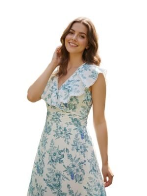 Leriya Fashion Women's Western Floral Printed V-Neck Ruffle Midi Dress