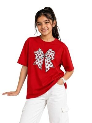 Girls' Red Oversized Bow Printed T-Shir